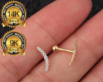 14K Solid Gold Lined CZ Curve Cartilage Earring Stud/Inner Conch Piercing/Climber Stud Earrings/Helix earring/curved piercing/Gift for her