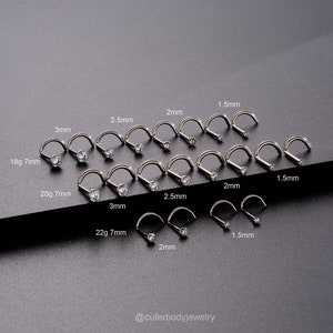 May include: A variety of nose rings with clear gemstones in different sizes. The rings are made of surgical steel and are available in 18g, 20g, and 22g gauges. The sizes of the rings are 1.5mm, 2mm, 2.5mm, and 3mm.