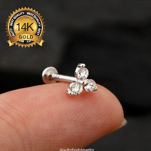 14k White Gold Trinity CZ Threadless Push Pin Labret Stud/Flower Cartilage Stud Earring/Nose/Tragus/Conch/Helix Piercing/Flat Back Earrings