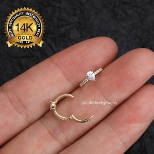 Boucle d'oreille hélicoïdale en forme de larme CZ en or 14 carats 16 G/piercing du cartilage/anneau de tragus/cliquer sur la conque/petit cerceau en or/boucle d'oreille délicate/cadeau minimaliste