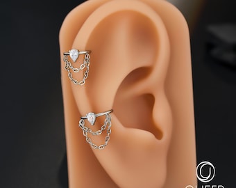 16G Pear CZ Double Chain Hoop Earring – Helix, Conch, Cartilage Piercing, 8/10mm