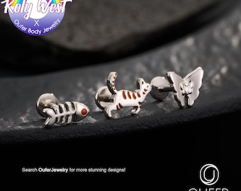 Oufer X Roly 3PCS Cat/Fish Spine/Butterfly Cartilage Labret Studs Set/Helix Piercing/Conch Stud/Tragus cute earring/Flat Back Stud/Cute Stud