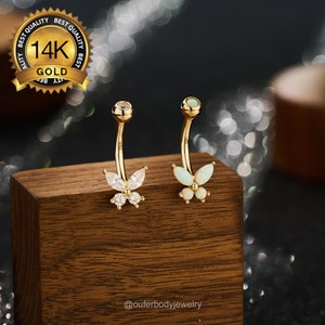 14K Solid Gold Butterfly CZ/Opal Belly Button Ring/Internally Threaded/Belly Jewelry/Belly Piercing/Navel Jewelry/Curved Barbell/Navel Bar