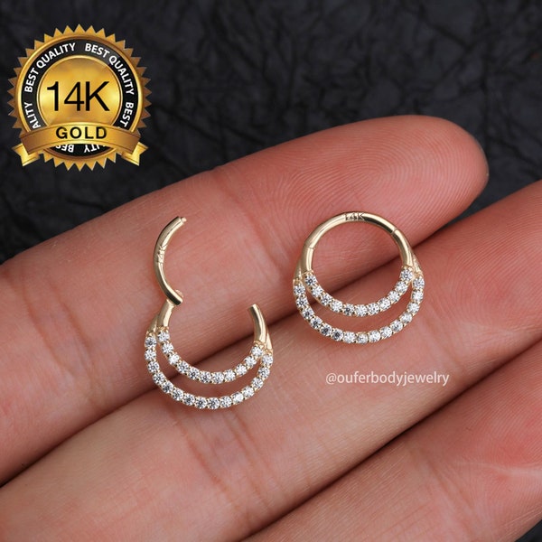 Anneau de septum à double boucle pavé en or massif 14K CZ/anneau de cerceau Daith/16G Septum Clicker/boucle d’oreille Helix/boucle d’oreille Conque/bijoux Tragus/cadeau pour elle