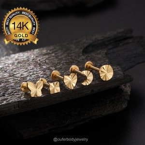 14K Gold Diamond Cut THREADLESS Butterfly/Moon/Heart/Round/Square Shape Cartilage Stud/Push Pin Labret/Tragus/Nose/Helix/Conch Flat BackStud