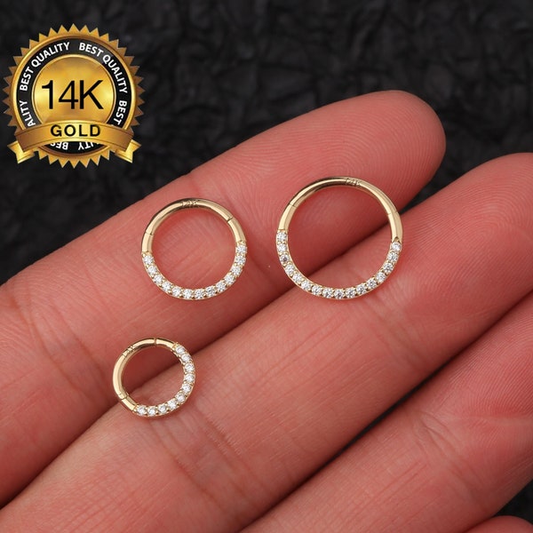 14k 16G 18G Solid Gold CZ Septum Clicker/Daith Earring/Huggie Hinged Clicker/Cartilage Hoop/Helix/Tragus/Conch/Nose/Rook Piercing Hoop/Gifts