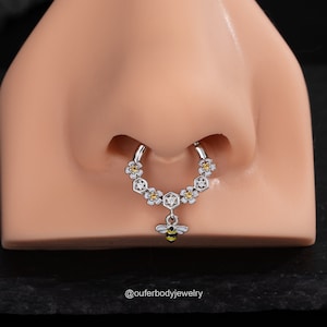16G Bee and Flower Dangle Septum Rings/Septum Jewelry/Daith Earring/Cartilage Earring/Helix Hoop/Conch Hoop/Danity Earring/Tragus Hoop/Gifts