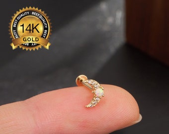 14k Solid Gold Opal CZ Crescent Moon Threadless Push-In Labret Stud/Cartilage Earring/Nose/Tragus/Conch/Helix Piercing/Flat Back Stud/Gifts