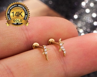 16G 18G 20G 14K Winziger Gold ZweigThreadless Knorpel Flache Rückseite Bolzenohrring/Push Pin Labret Bolzen/Helix/Conch/Tragus Bolzen/Nasen Piercing Bolzen