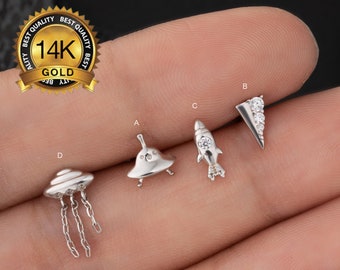 14K White Gold Spaceship Threadless Push-In Labret Stud/Rocket UFO Earrings/Tragus/Cartilage/Conch/Helix Piercing/Nose/Tiny Flat back studs