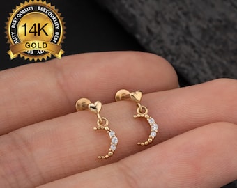 14K Solid Gold Heart Moon Threadless Dangle Stud Earring/Cartilage Earring/Helix/Tragus/Conch/Earlobe Flat Back Stud Earrings 16g 18g 20g