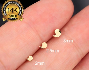 14K Solid Gold Tiny Flat Disc Comma Threadless Push Pin Labret Stud/Flat Back Earring/Semicolon Earring/Helix/Conch/Tragus/Earlobe Stud/Gift