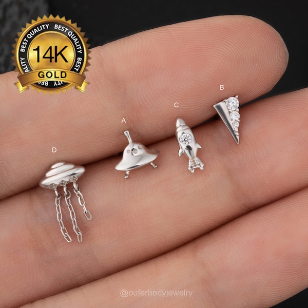 14K White Gold Spaceship Threadless Push-In Labret Stud/Rocket UFO Boucles d’oreilles/Tragus/Cartilage/Conch/Helix Piercing/Nose/Tiny Flat back goujons