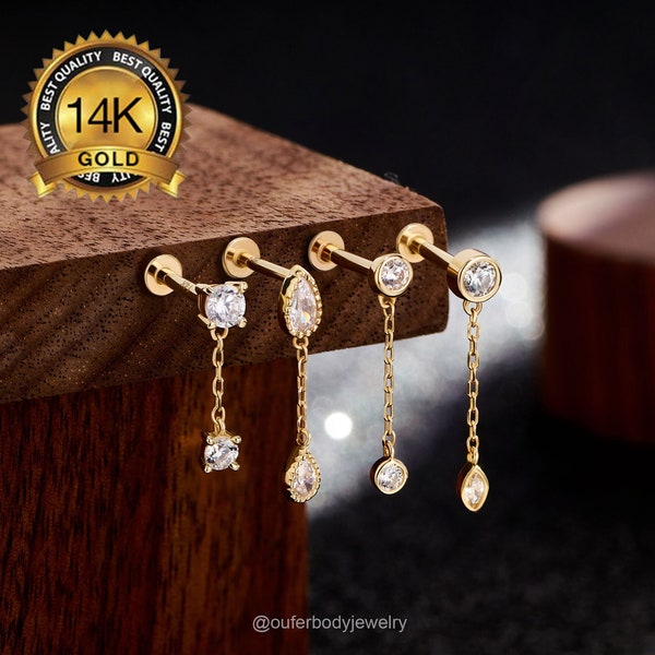 14K Gold Round CZ Threadless Dangle Stud Earring/Push In Back/Drop Earrings/Nose/Tragus/Cartilage/Conch/Helix/Flat Back Earrings 16G 18G 20G
