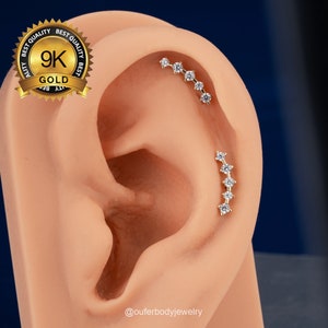 9K Solid Gold Lined CZ Curve Cartilage Earring Stud/Inner Conch Piercing/Climber Stud Earring/Helix earrings/curved piercing/Gift for her