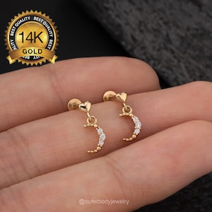 14K Solid Gold Heart Moon Threadless Dangle Stud Earring/Cartilage Earring/Helix/Tragus/Conch/Earlobe Flat Back Stud Earrings 16g 18g 20g