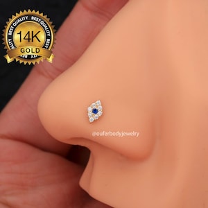 14K Solid Gold Blue Eye L Shape Nose Studs 20g/Nose Ring/Nose Jewelry/Thin Nose Ring/Nose Piercing/Dainty Nose Ring/Nostril piercing/Gifts
