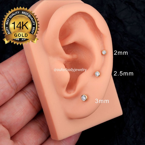 14K Solid Gold Round Threadless Push Pin Labret/Bezel Gemstone Cartilage earring/FlatBack Earrings/Forward Helix stud/Tragus stud/Conch Stud