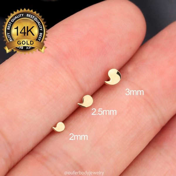 14K Solid Gold Tiny Flat Disc Comma Threadless Push Pin Labret Stud/Flat Back Earring/Semicolon Earring/Helix/Conch/Tragus/Earlobe Stud/Gift