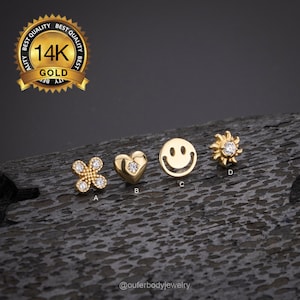 14K Solid Gold THREADLESS Flat Back Stud Earrings/Sun/Flower/Heart/Smile Cartilage Stud/Push Pin Labret Stud/Helix/Conch/Traugs/Earlobe Stud