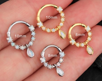16g Opal Teardrop Septum Clicker/Daith Earrings/Dangle Septum Piercing/Helix/Tragus/Conch Hoop/Silver Septum Ring/Gold Septum Jewelry/Gifts