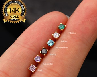 14K Solid Gold Colorful CZ Threadless Push In CZ Labret Stud/Cartilage Flat Back Stud/Conch Stud/Tiny Studs/Helix Stud/Tragus Stud/Nose Stud