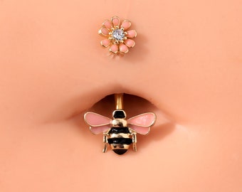 14G Bee & Flower Belly Button Ring/CZ Belly Jewelry/Navel Ring/Navel Piercing/Belly Ring/Belly Barbell Piercing/Navel Jewelry/Birthday Gift