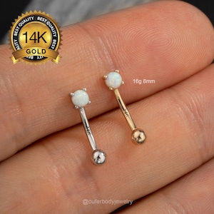 14K Gold Round Opal Curved Barbell/16G Rook Earring/Eyebrow Piercing/Vertical Labret Jewelry/Eyebrow Ring/Rook Barbells/Cartilage Piercing