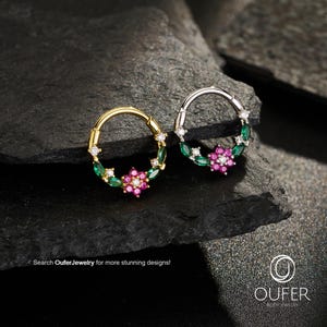 16G Ruby Flower/Leaf Hoop Clicker Septum Ring, Daith Earring, Dainty Floral Piercing Jewelry, Cute Minimal Hoop, Gift for Her