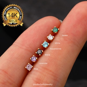 14K Solid Gold Colorful CZ Threadless Push In CZ Labret Stud/Cartilage Flat Back Stud/Conch Stud/Tiny Studs/Helix Stud/Tragus Stud/Nose Stud