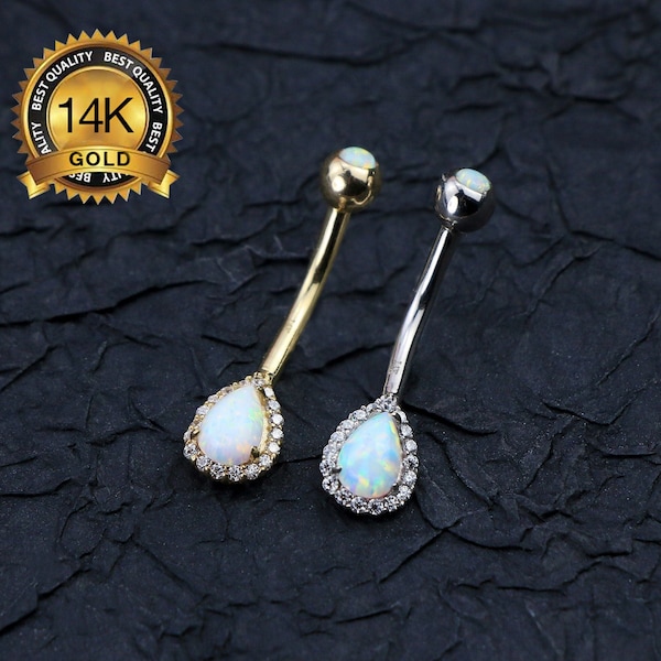 14K Solid Gold Opal Teardrop Belly Rings/Navel ring/White Gold belly Jewelry/Navel piercing/Opal Belly Piercing/Navel Jewelry/Gift for her