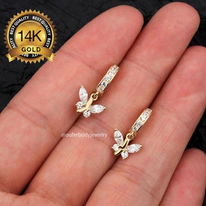 2 Pieces 14K Gold Butterfly CZ Drop Hoop Earrings,Ear Cuff,Huggies Hoop Earrings,Cartilage earrings,CZ charm hoops ,Minimalist earrings,gift