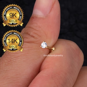 14K & 9K Solid Gold Prong CZ Internally Threaded Labret Piercing Stud/Cartilage Stud/Helix Stud/Conch Stud/Tragus Stud/Flat Back Earrings