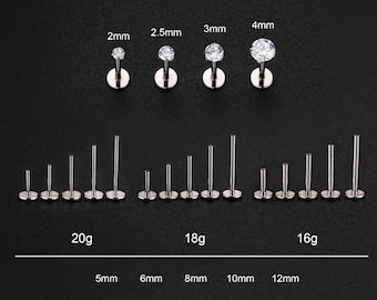 20 g/18 g/16 g Titan-Zinken-CZ-Ohrstecker in Implantatqualität ohne Gewinde für Labret/Tragus/Knorpel/Muschel/Helix-Ohrring/Nasenstecker mit flacher Rückseite 2, 2,5, 3, 4 mm