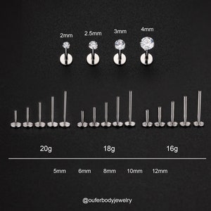 Puntale in titanio per impianto da 20 g/18 g/16 g Puntale senza filettatura CZ Labret/Trago/Cartilagine/Conchiglia/Elica Orecchino con retro piatto/Perno per naso 2, 2,5,3,4 mm immagine 1