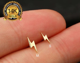 14K Solid Gold Tiny Lightning bolt Threadless Push Pin Labret Stud/Cartilage Earrings/Forward Helix stud/Tragus/Conch Flat Back Stud Earring