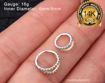 14K Solid Gold Double Hoop Nose Ring Half Gold Half Silver/Cartilage Hoop/Helix Hoop/Tragus Hoop/Rook Hoop/Conch Earring/Minimalist Earrings