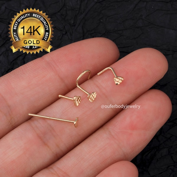 14K Gold Heart Hammer Nose Ring Set 20g/3mm Round Nose stud/Nose Bone/Straight Stud/Nose Screw/Fishtail/L-shaped Nose Piercing Ring/Gifts