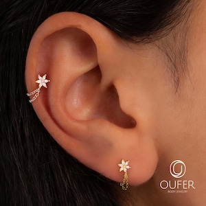 Pendiente de hélice sin rosca con cadena de circonita cúbica de 16G con forma de flor, pendiente de cartílago con parte trasera plana, pendiente de cadena para concha, pendiente colgante para piercing de nariz