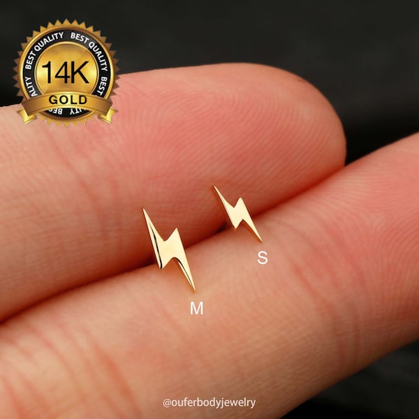 14k Solid Gold Tiny Lightning bolt Threadless Push Pin Labret Stud/Cartilage Orecchini/Forward Helix stud/Tragus/Conch Flat Back Stud Orecchino