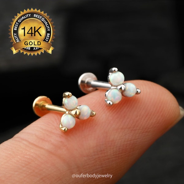 14k Solid Gold Trinity Opal Threadless Push Pin Labret Stud/Flower Cartilage Stud Earring/Nose/Tragus/Conch/Helix Piercing/Flat Back Earring