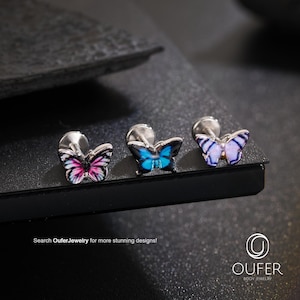 16G 6mm Colorful Butterfly Internally Threaded Labret Stud/Cartilage/Helix/Conch/Tragus Earring