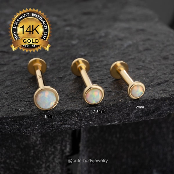 14K Solid Gold Bezel Opal Threadless Push Pin Labret Stud/Cartilage Flat Back Earring/Helix/Conch/Tragus/Nose/Monroe/Lip/Medusa/Earlobe Stud
