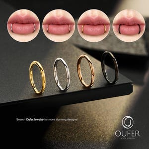 May include: An assortment of body jewelry rings in gold, silver, rose gold, and black. The image shows the rings in use on lips and also displayed on a black surface. The text "Search Oufer Jewelry for more stunning designs!" is visible.
