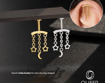 Pendiente colgante de estrella sin rosca con hélice vertical de 16G, cierre de presión y parte trasera plana para piercing rook oculto, oro/plata