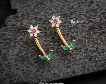 16G Flower Curved Barbell/Green Leaf Cartilage Earring/Rook Earring/Eyebrow Ring/Rook Barbell/Rook Piercing/Eyebrow Jewelry/Gift For Her 6/8