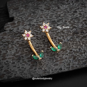 16G Blume Curved Barbell/Grüner Blatt Knorpel Ohrring/Turm Ohrring/Augenbrauen Ring/Turm Barbell/Turm Piercing/Augenbrauen Schmuck/Geschenk für sie 6/8