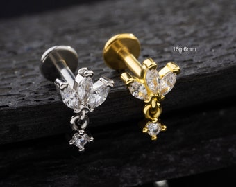 Boucle d'oreille pendante couronne 16 g SANS FIL/Tige du cartilage or/argent/Tige labret à poussoir/Nez/Tragus/Conque/Piercing hélice/Boucles d'oreilles pendantes/Dos plat