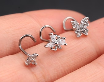 3Pieces 20G Butterfly Flower Nose Screws Ring/S-Shaped Nose Studs/Nose Ring/Nose Jewelry/Nose Piercing/Nostril Jewelry/Tiny Gold Nose Studs