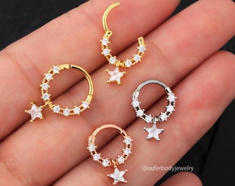 16G Star Dangle Septum Ring/Daith Earrings/Helix Hoop/Septum Clicker/Septum Jewelry/Silver Septum Hinged Hoop/Tragus/Conch Hoop/Gift for her